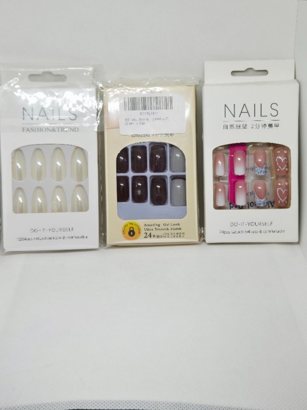 3 BOXES NATURAL PRESS ON NAILS PEARL, CHOCOLATE & PINK HEART NIB 72 TOTAL